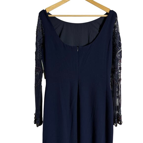 Badgley Mischka Navy Blue Beaded Long Sleeve Bateau Neck Train Gown Size 12 - Picture 15 of 16